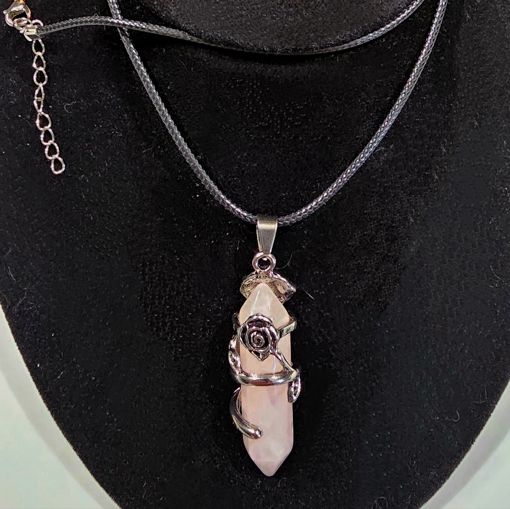 Rose Quartz and Silver Wrapped Crystal Pendant Necklace